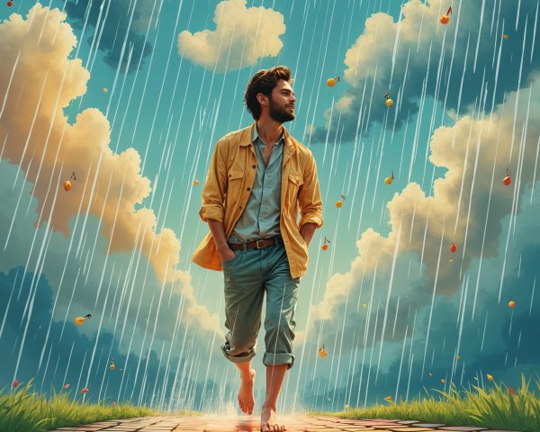 Young man walking barefoot on a colorful path in rain