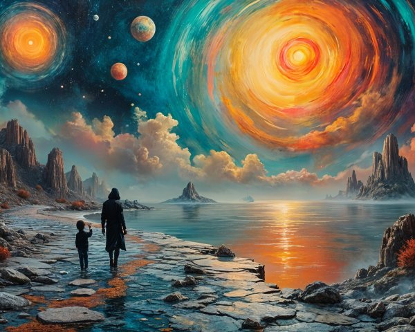 Cosmic Scene with Galaxy and Serene Landscape