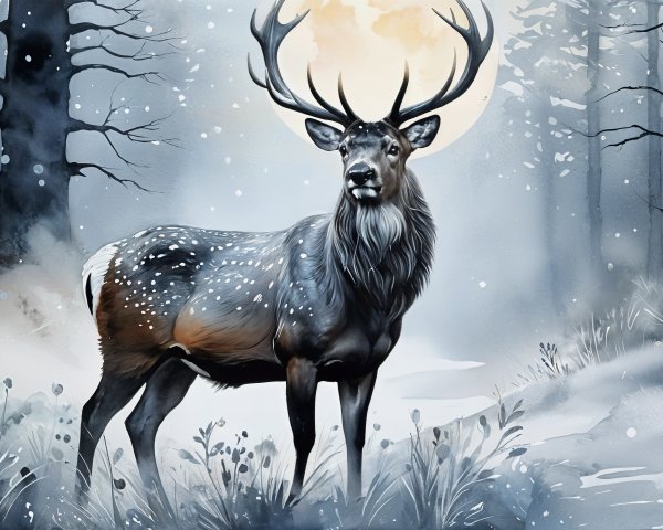Majestic stag in wintry landscape under full moon