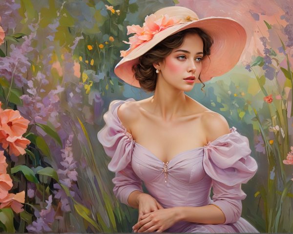 Young woman in lavender dress in vibrant flower garden