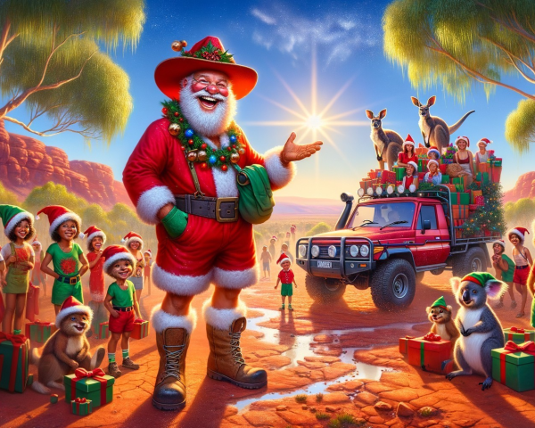 Santa Claus in a Festive Australian Landscape with Children