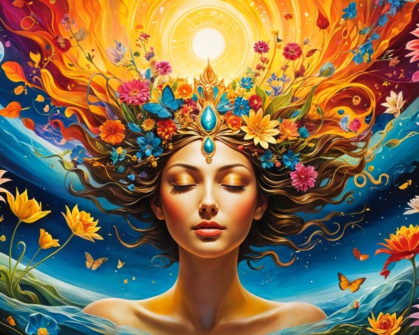 Serene Figure with Flowers and Cosmic Background