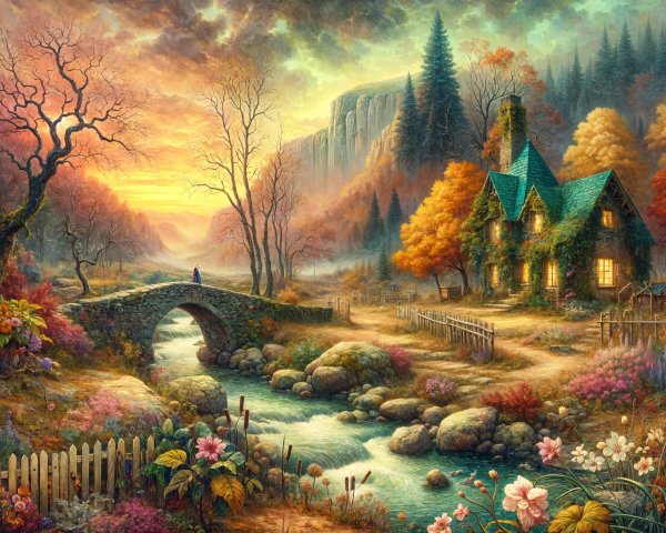 Cottage by Stream Amidst Autumn Foliage and Cliffs