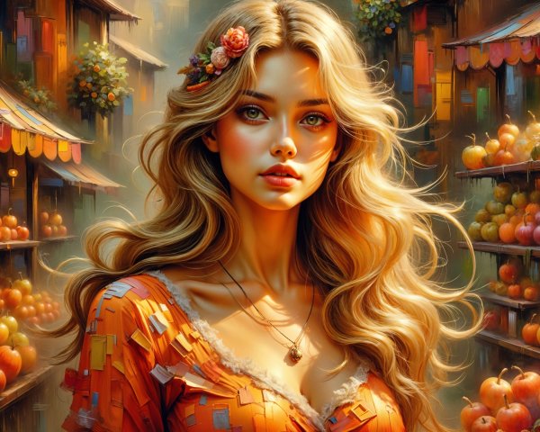 Young woman in orange dress at vibrant marketplace