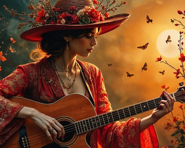 Woman in flower hat playing guitar in sunset garden