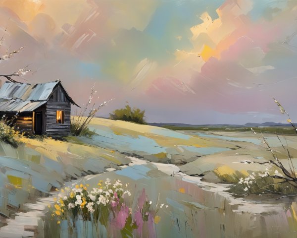 Serene Landscape with Wooden Cabin at Sunset
