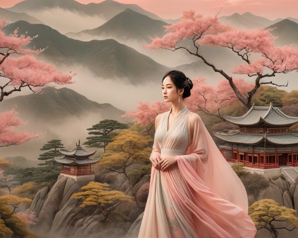 Serene Woman in Traditional Attire Among Mountains