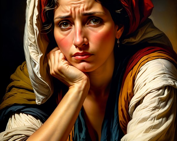 Young woman in vibrant shawl shows concern and introspection