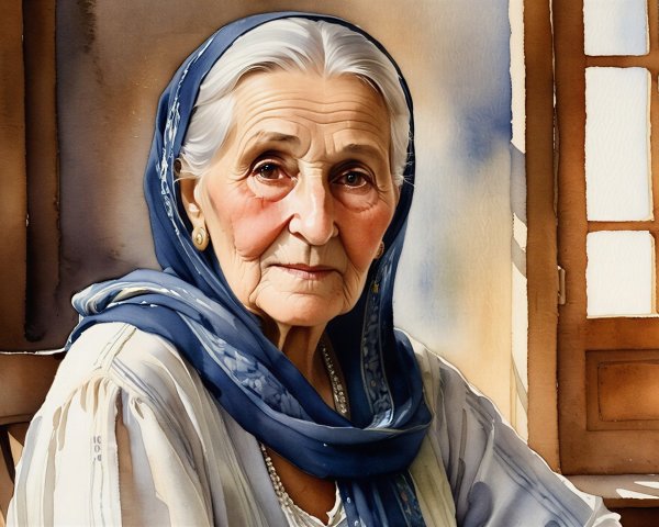 Elderly Woman by Window in Soft Sunlight