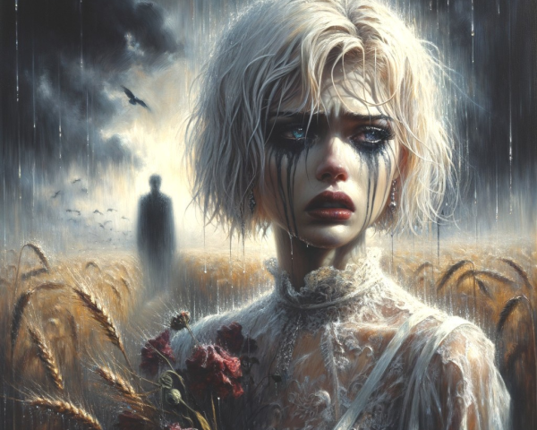 Melancholic scene of a woman in a wheat field