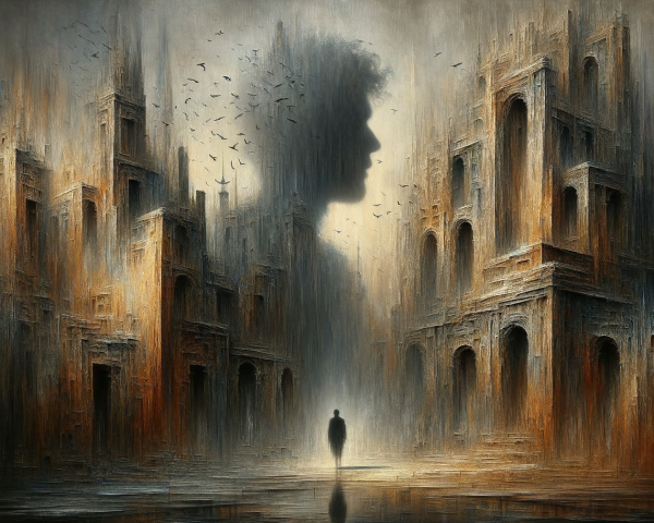 Desolate Landscape with Ornate Structures and Silhouette