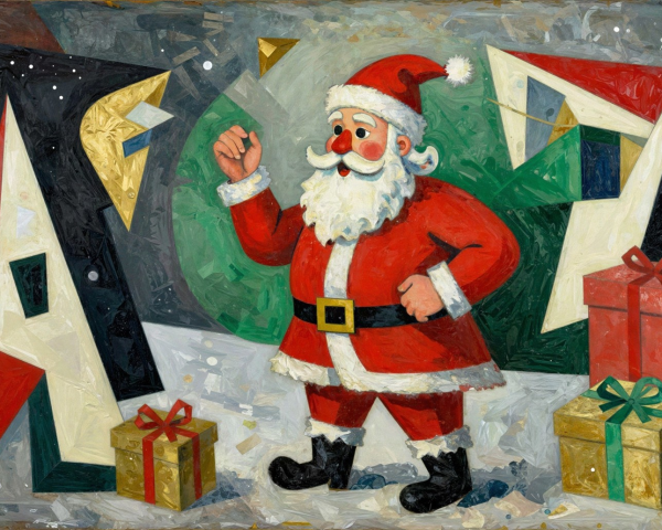 Cubist Painting of Santa Claus in Snowy Landscape