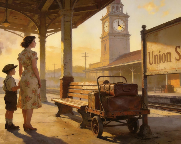 Vintage Train Station Scene with Mother and Son