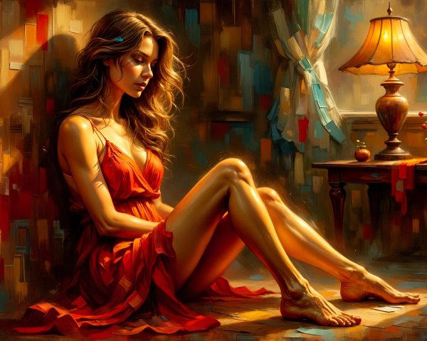 Contemplative Woman in Vibrant Artistic Setting