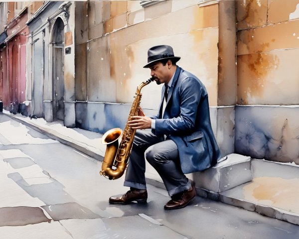 Saxophonist in Blue Suit Playing on Stone Ledge