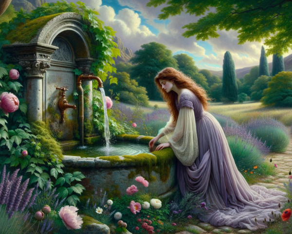 Young Woman by Fountain in Enchanted Landscape