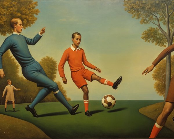 Soccer Match Among Three Boys in Serene Landscape