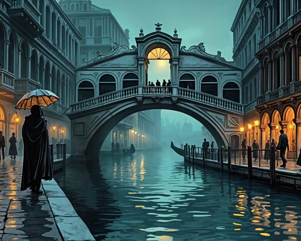 Serene Venetian Evening with Bridge and Lanterns