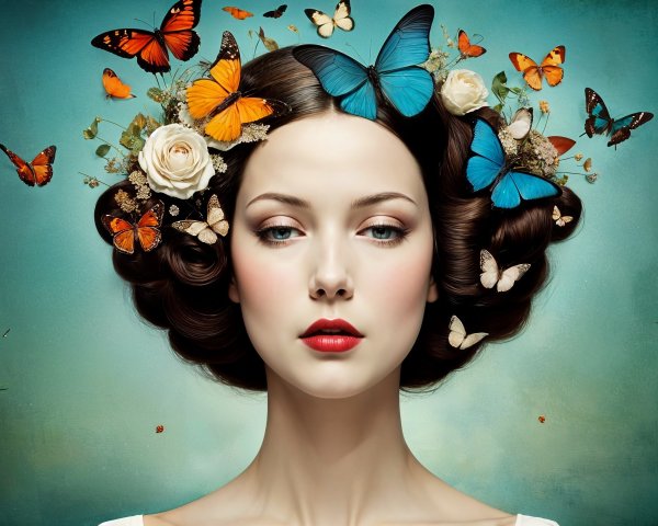 Serene Woman with Styled Hair and Butterflies