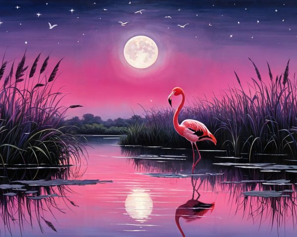 Twilight Scene with Flamingo in Tranquil Lake