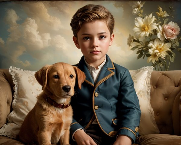 Young Boy in Vintage Suit with Puppy on Couch