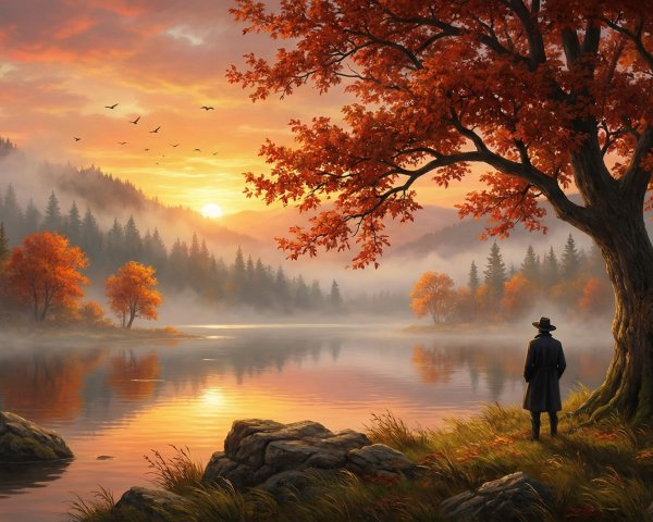 Digital painting of a man by a lake at sunrise