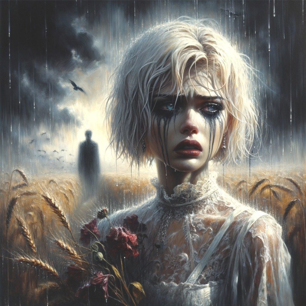 Melancholic scene of a woman in a wheat field