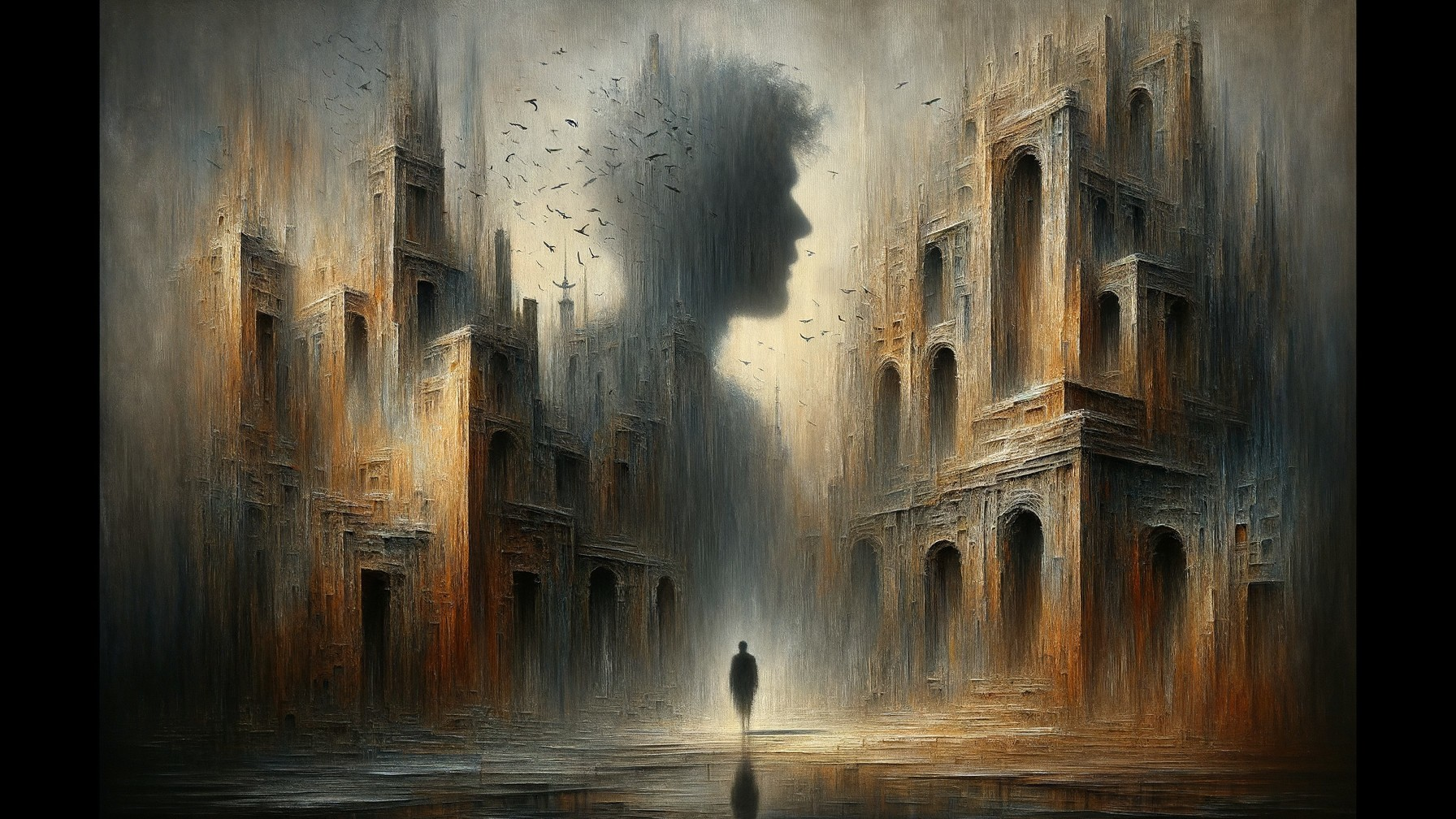 Desolate Landscape with Ornate Structures and Silhouette