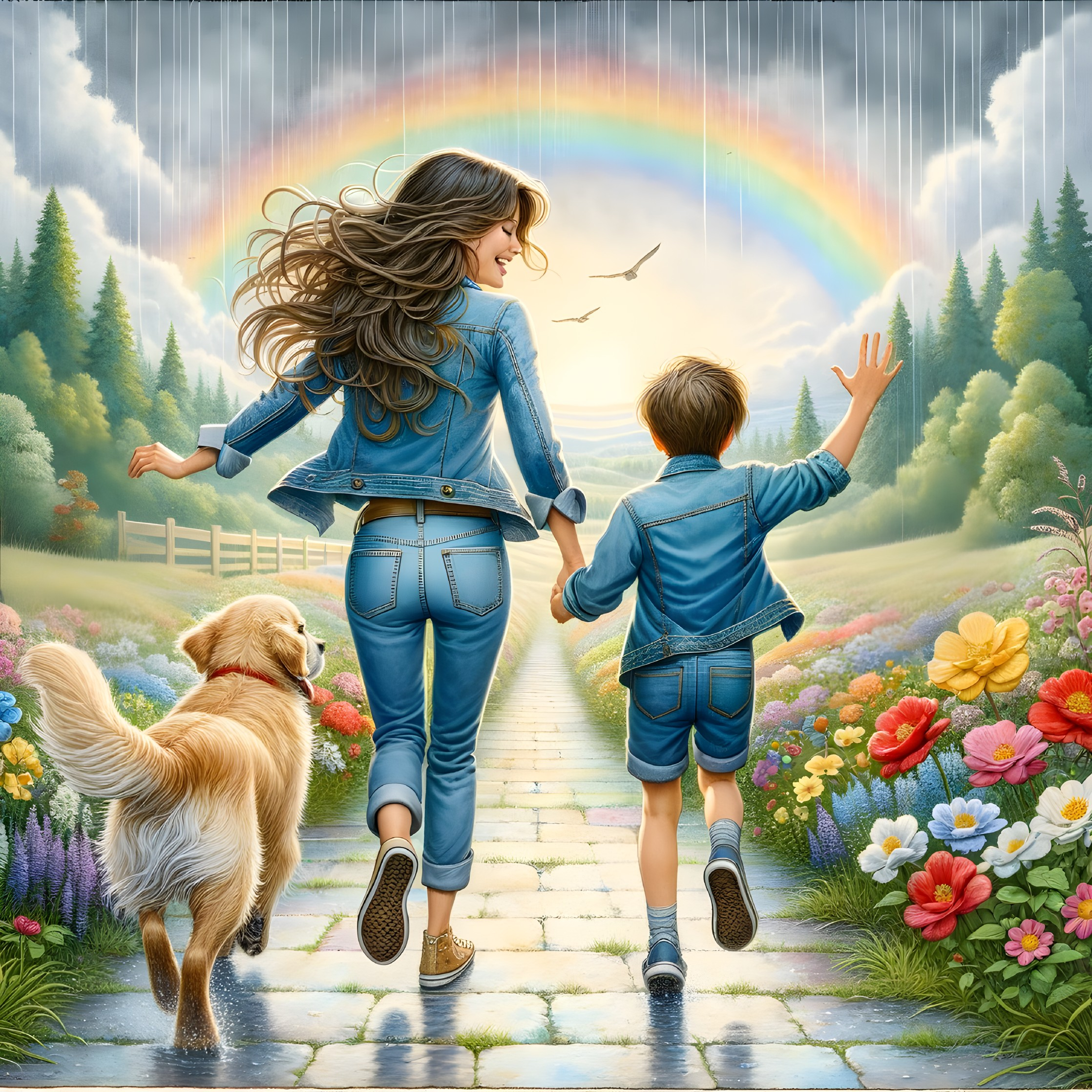 Woman and boy in denim with golden retriever on path