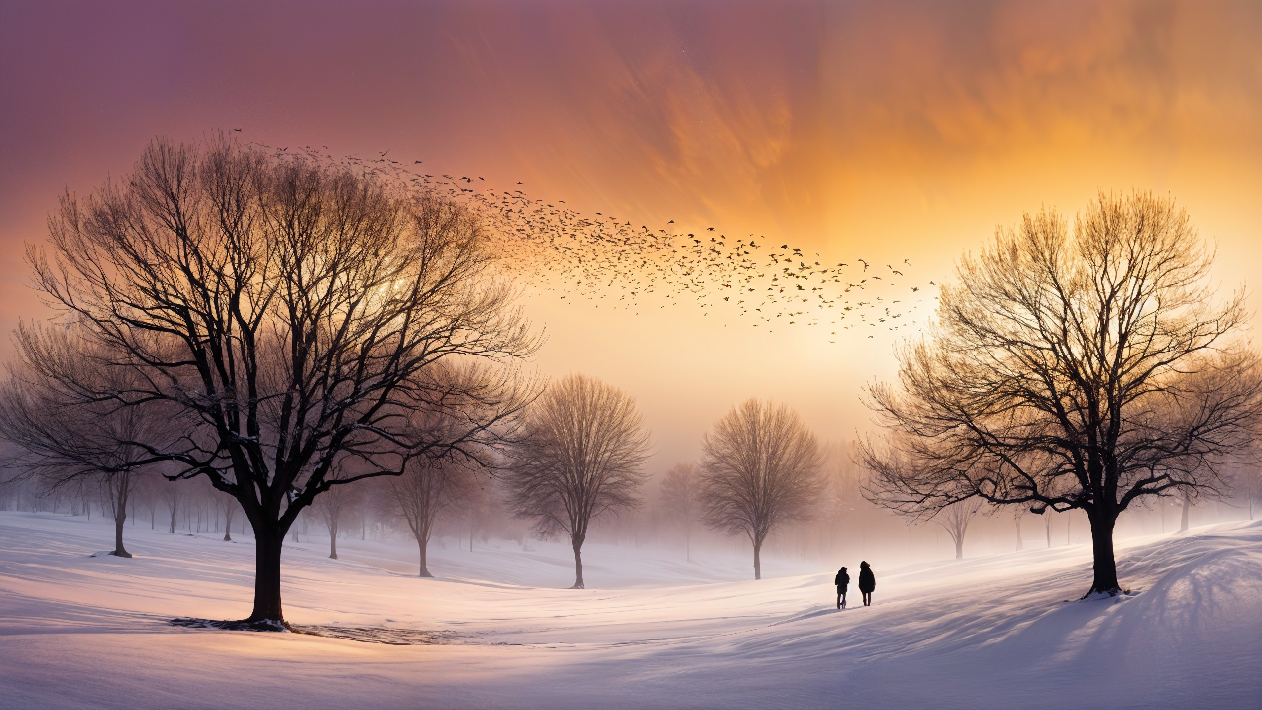 Winter Landscape with Silhouetted Figures and Birds