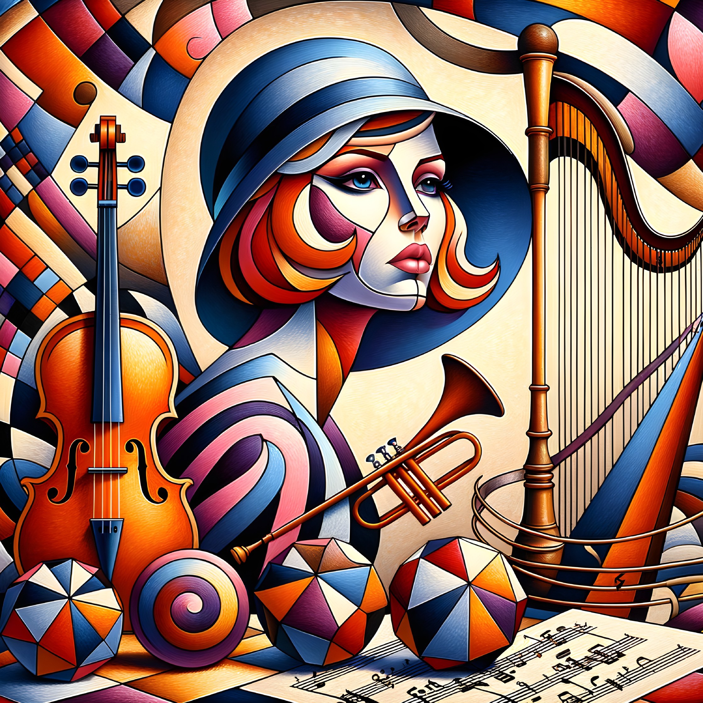 Stylized Woman Surrounded by Musical Instruments and Colorful Elements