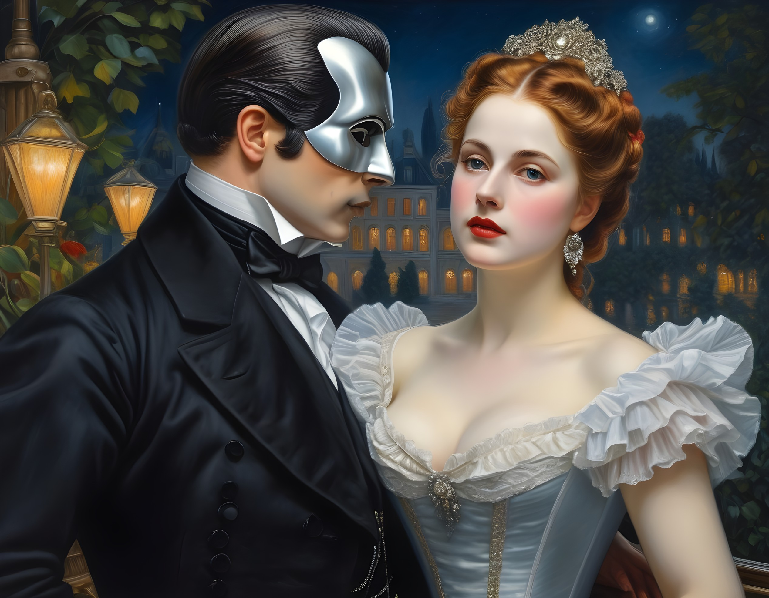 Masked man and elegant woman in formal attire in stately garden setting