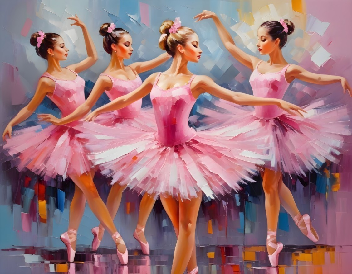 Three ballerinas in pink tutus and ballet shoes dancing against colorful impressionistic background