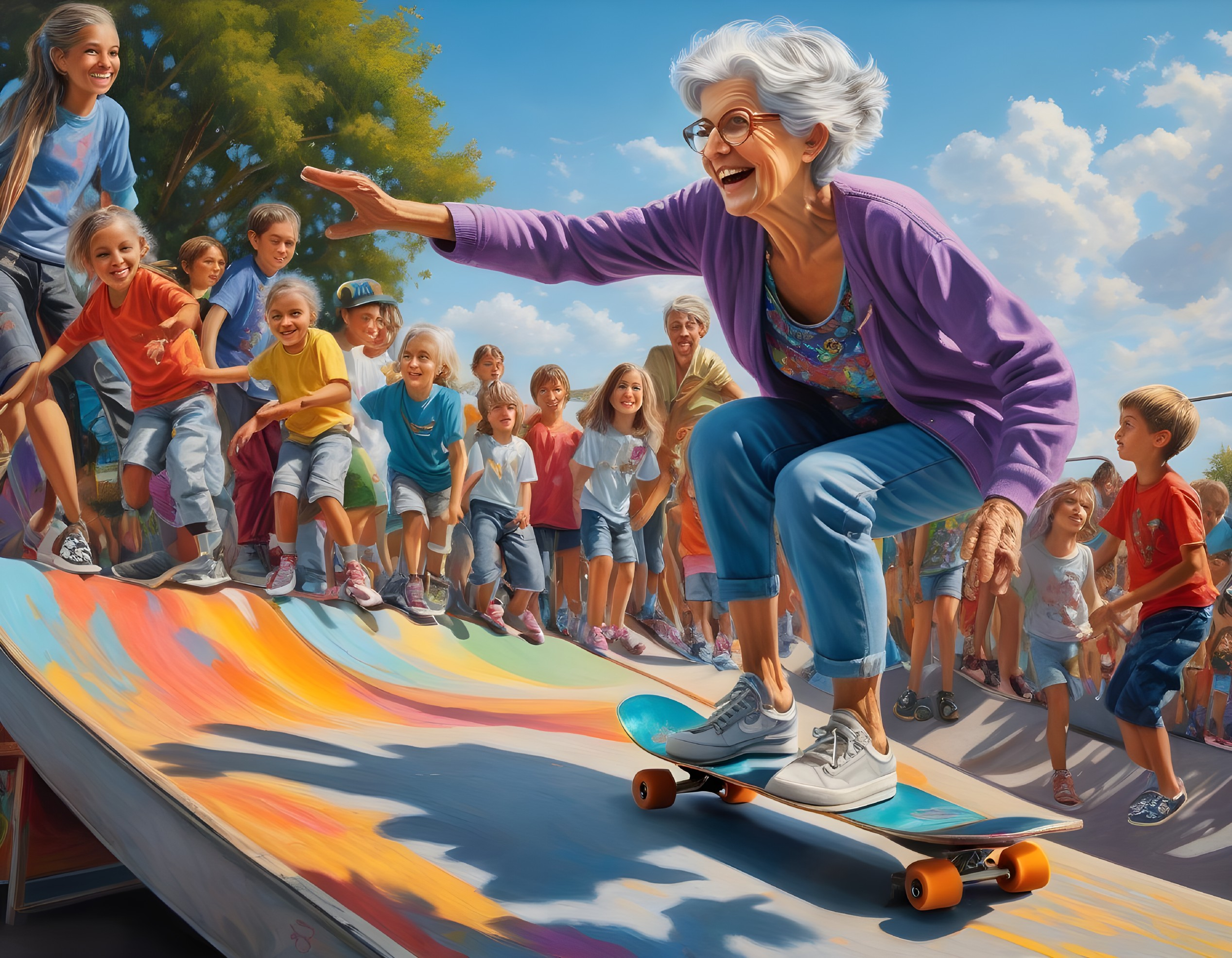 Elderly Woman Skating in Colorful Skatepark Scene