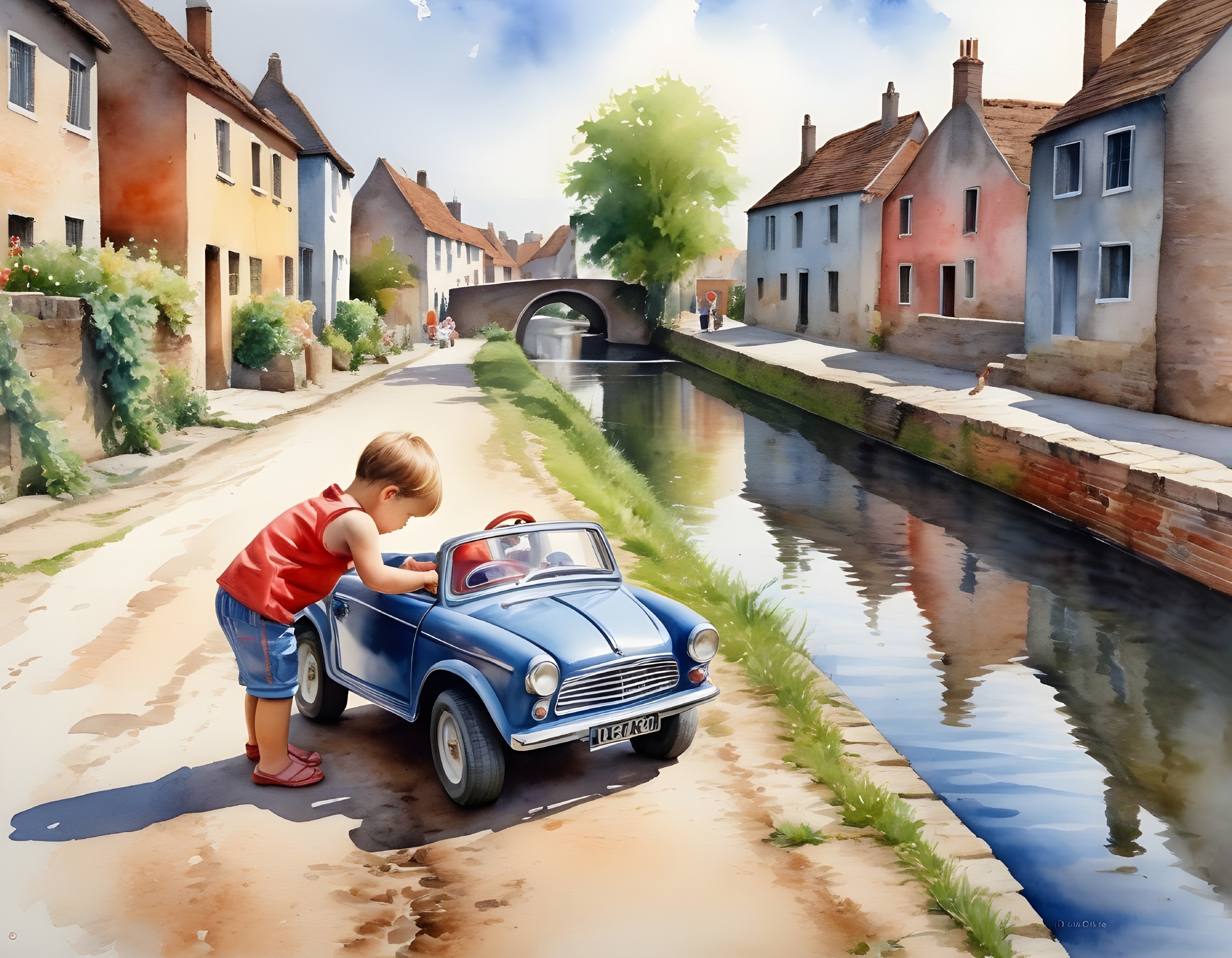Child playing with toy car by colorful canal houses on sunny day