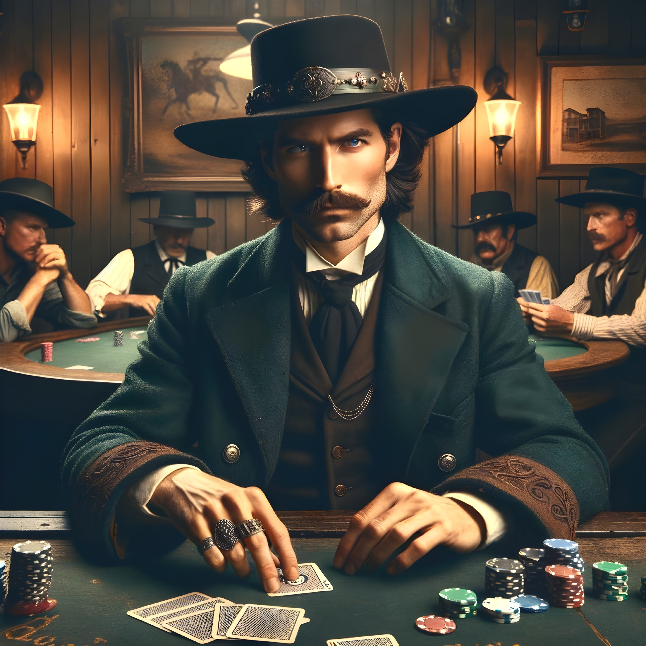 Vintage Wild West Poker Scene in Dimly Lit Saloon
