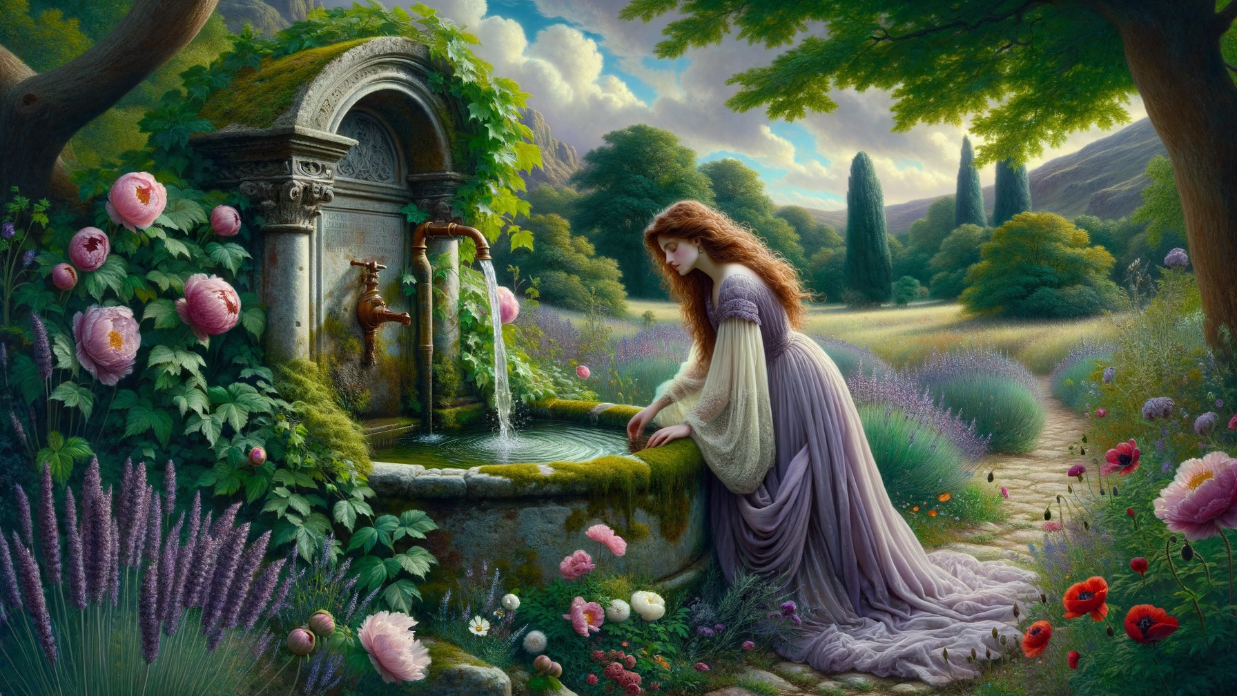 Young Woman by Fountain in Enchanted Landscape