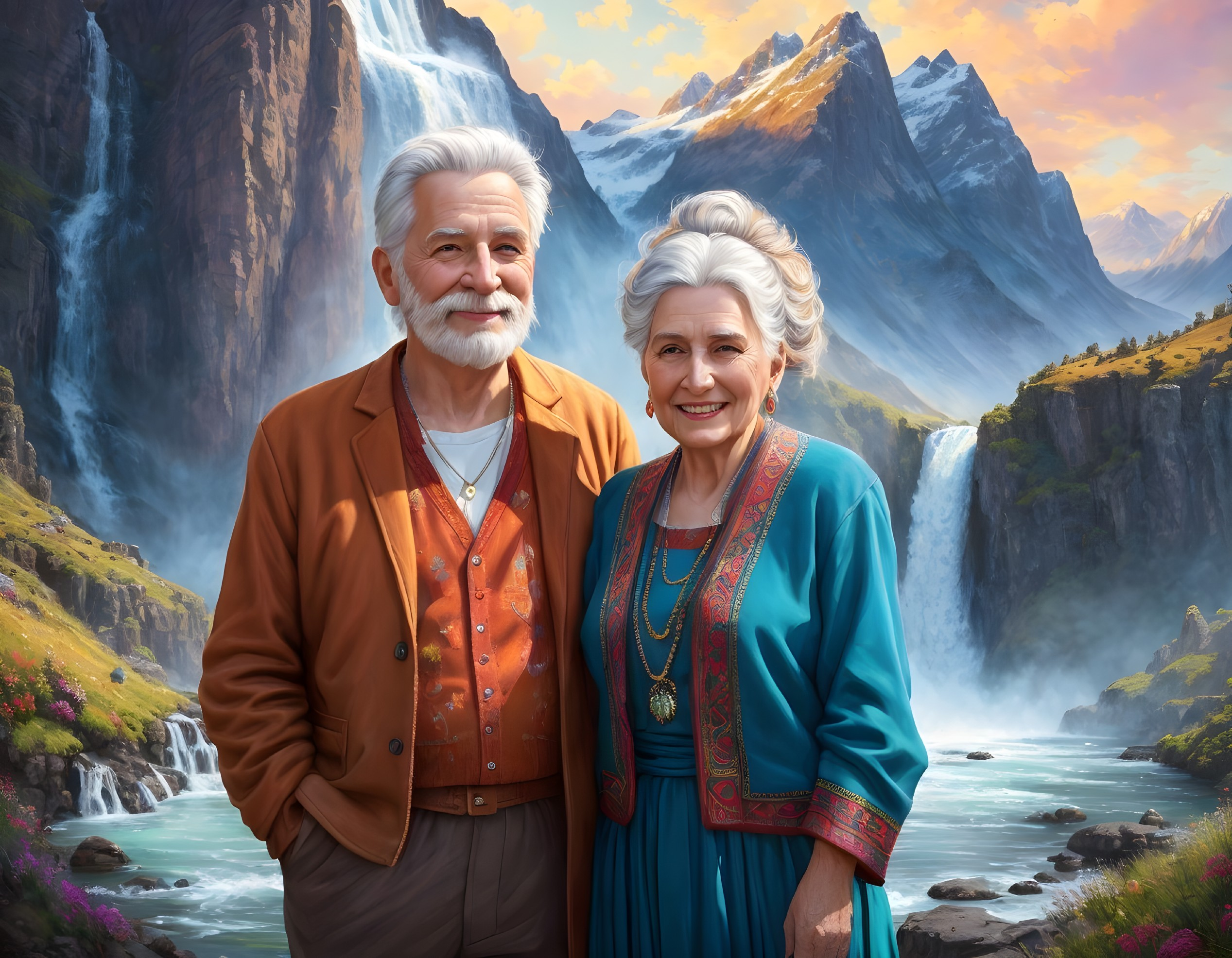 Elderly Couple Smiling in Front of Picturesque Landscape