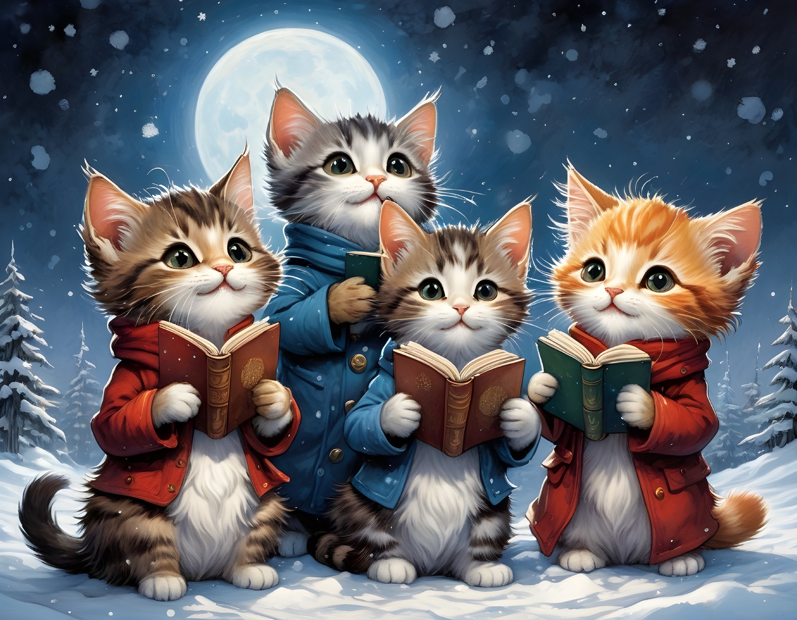 Four animated kittens in winter attire reading books in snowy moonlit night