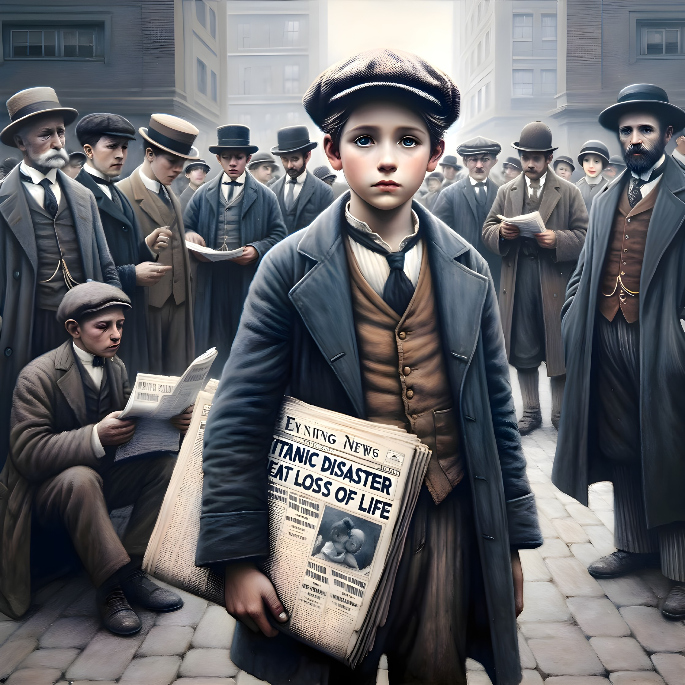 Young Newsboy Displays Titanic Disaster Headline