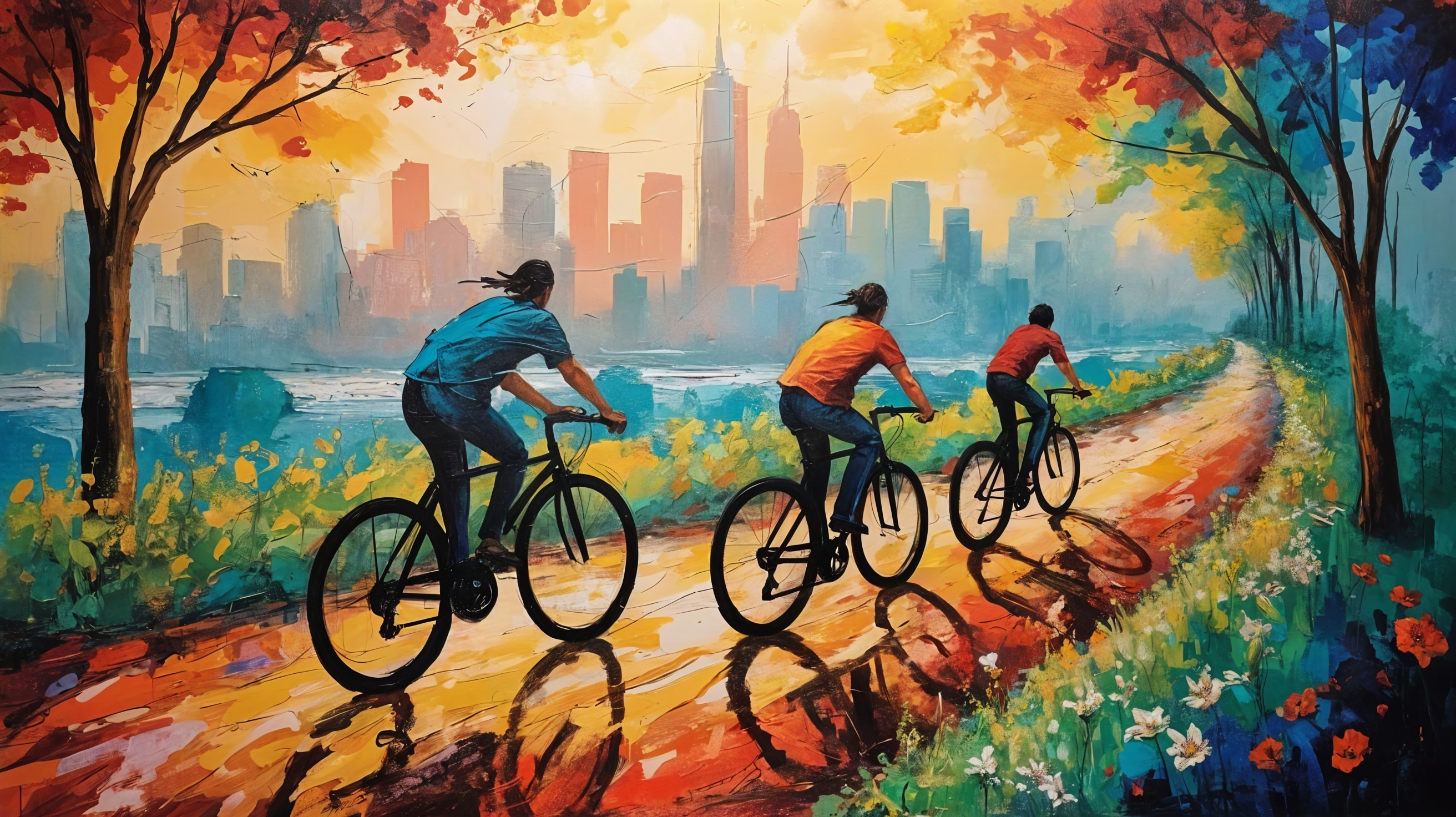 Cyclists on a Colorful Path with Autumn Foliage