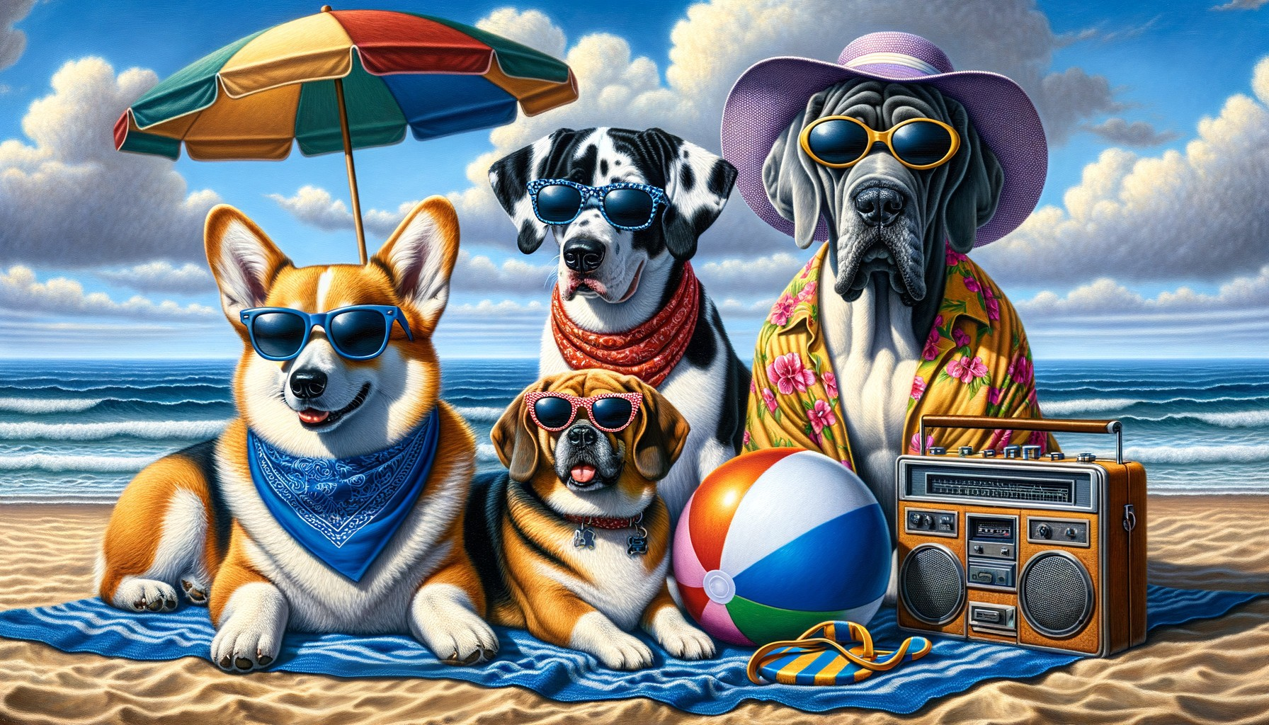 Dogs in Sunglasses at a Vibrant Beach Scene