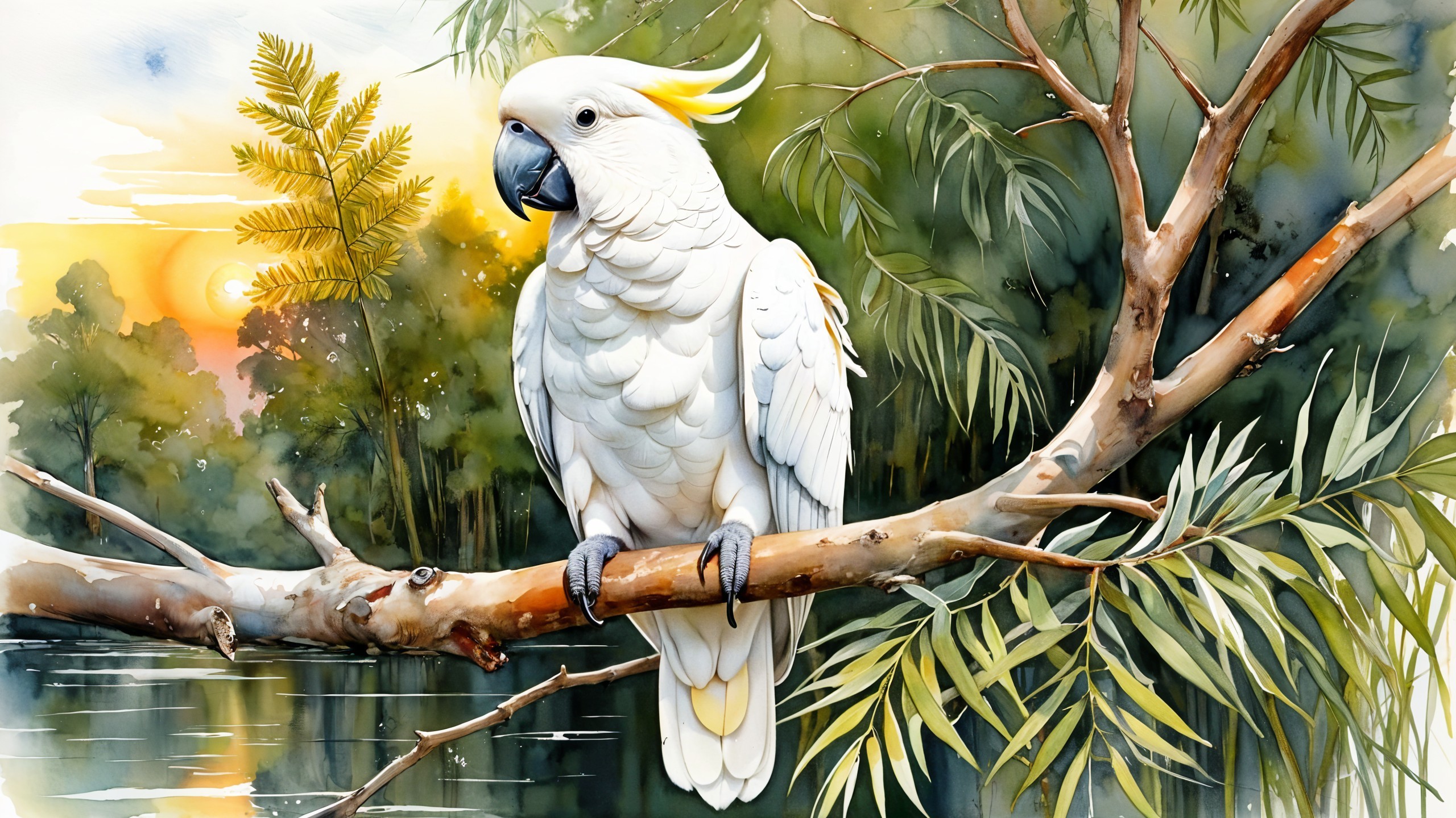White Cockatoo by Tranquil River at Sunset