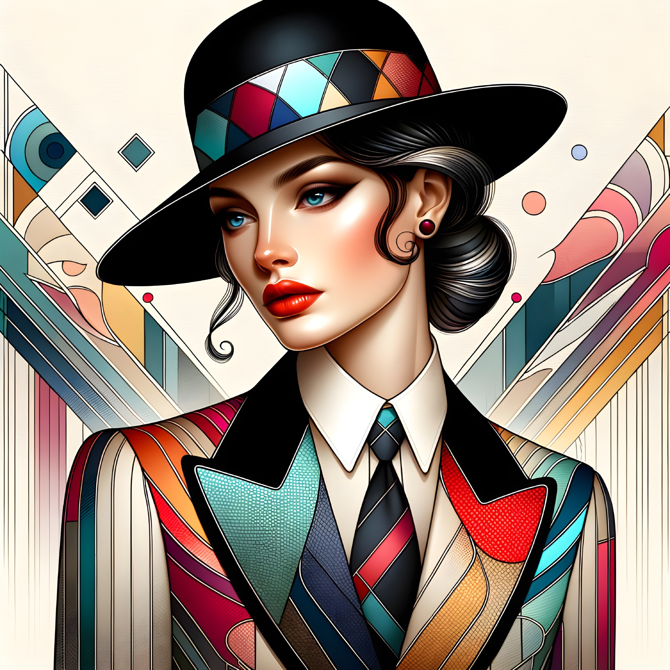 Stylized Woman in Geometric Outfit and Hat Illustration