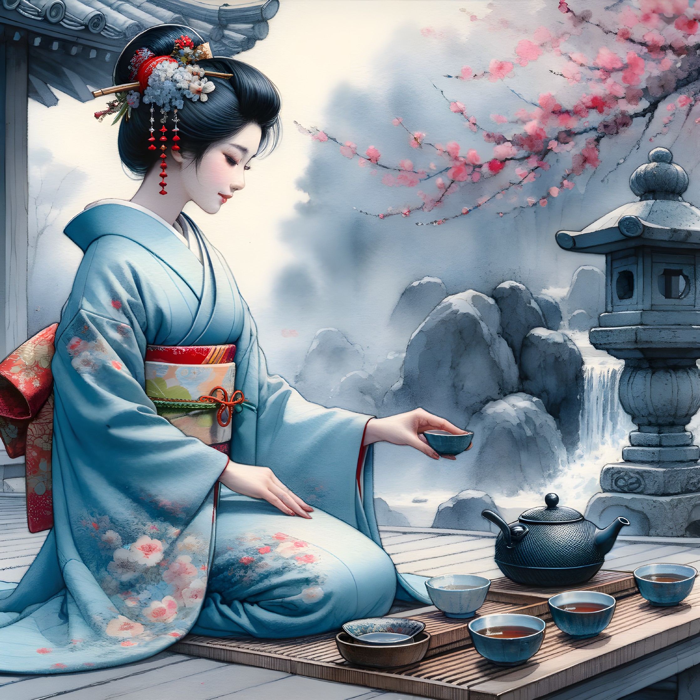 Serene Tea Ceremony by the Waterfall