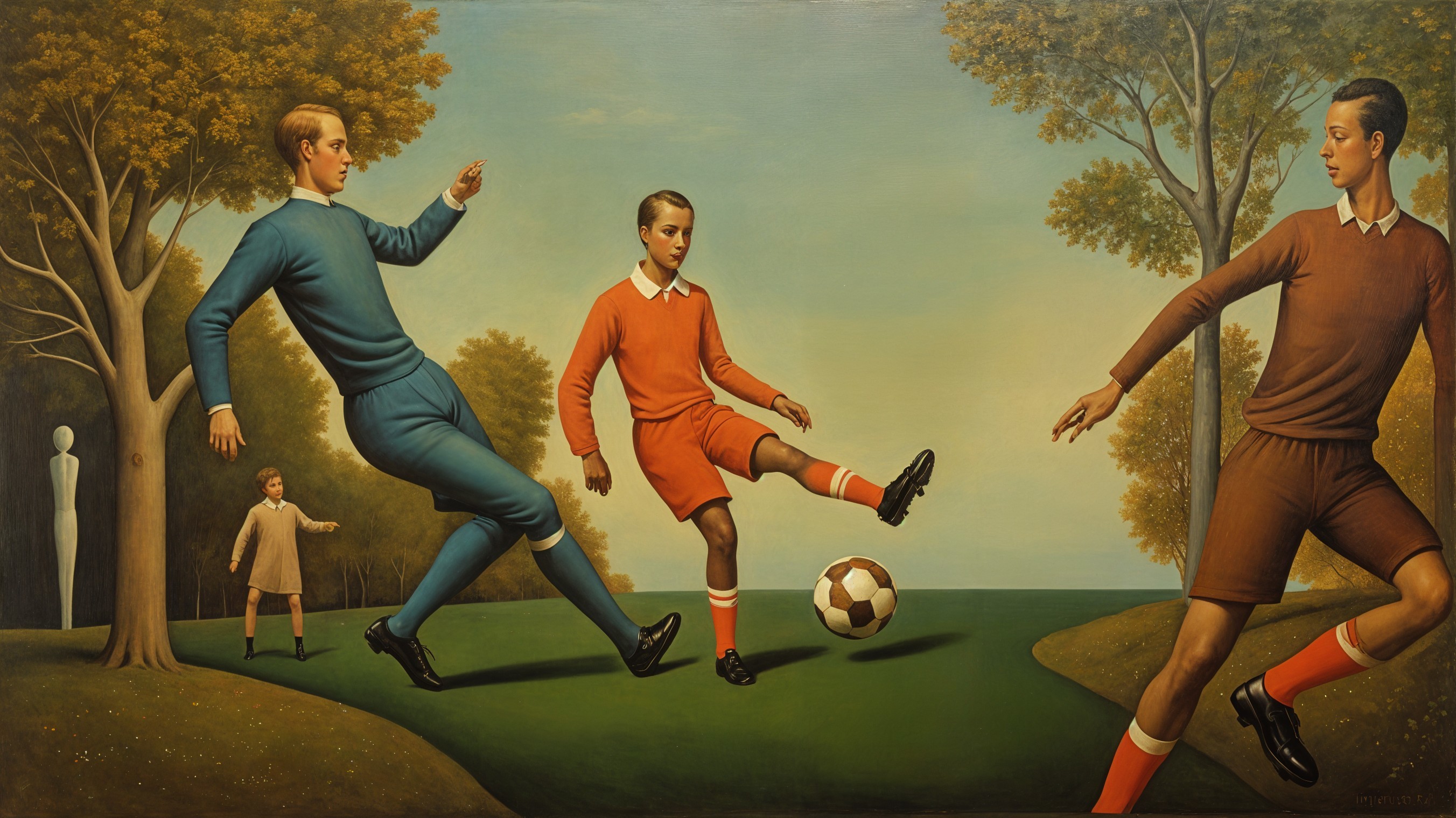 Soccer Match Among Three Boys in Serene Landscape