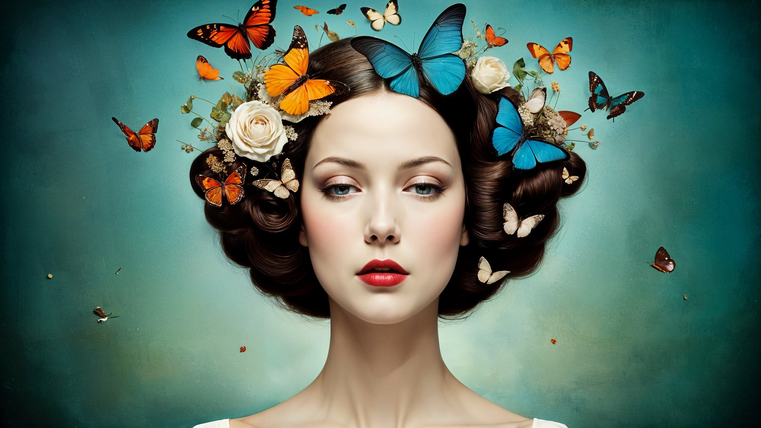 Serene Woman with Styled Hair and Butterflies