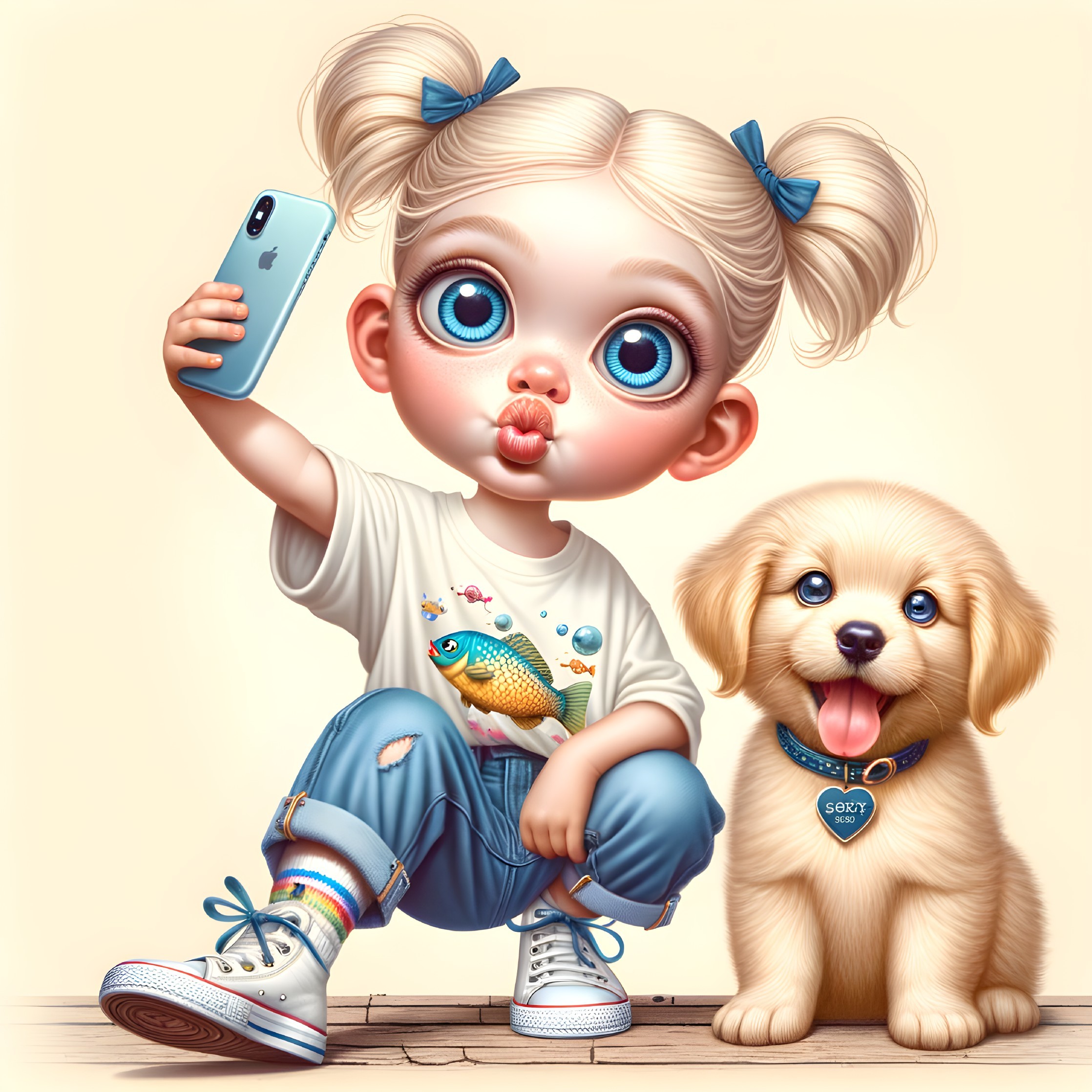 Blonde Girl and Golden Retriever Puppy in Selfie