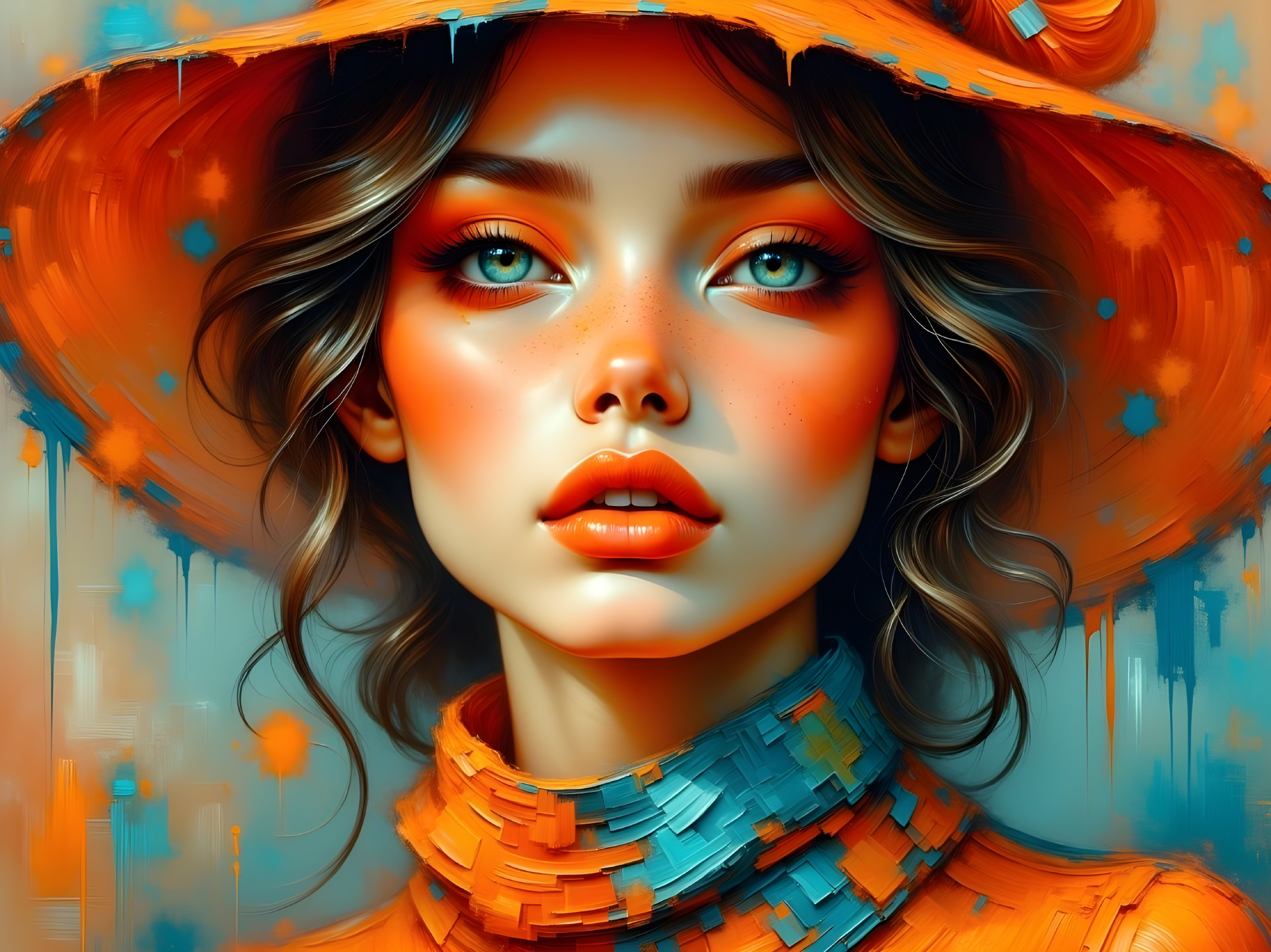 Portrait of a Young Woman in Orange Hat and Ensemble