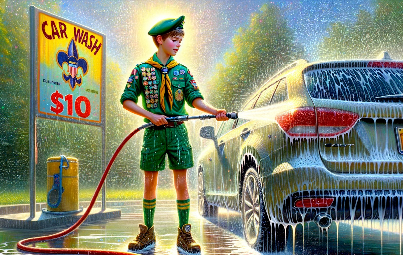 Young Scout Washing Car with Soapy Water and Sign